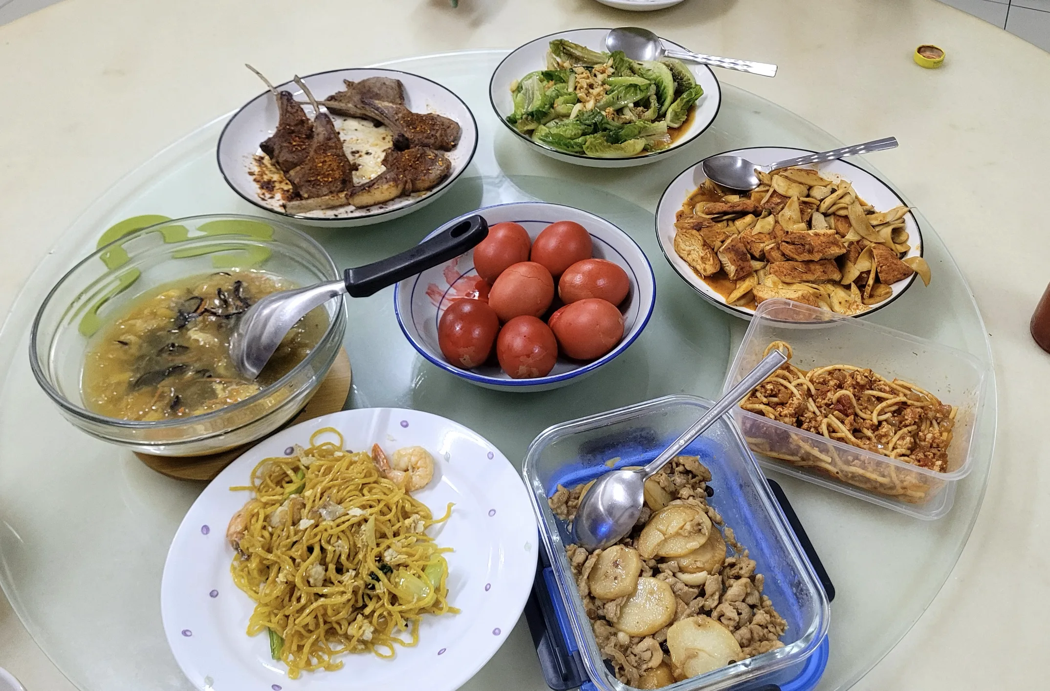 Birthday dinner spread on the lazy susan