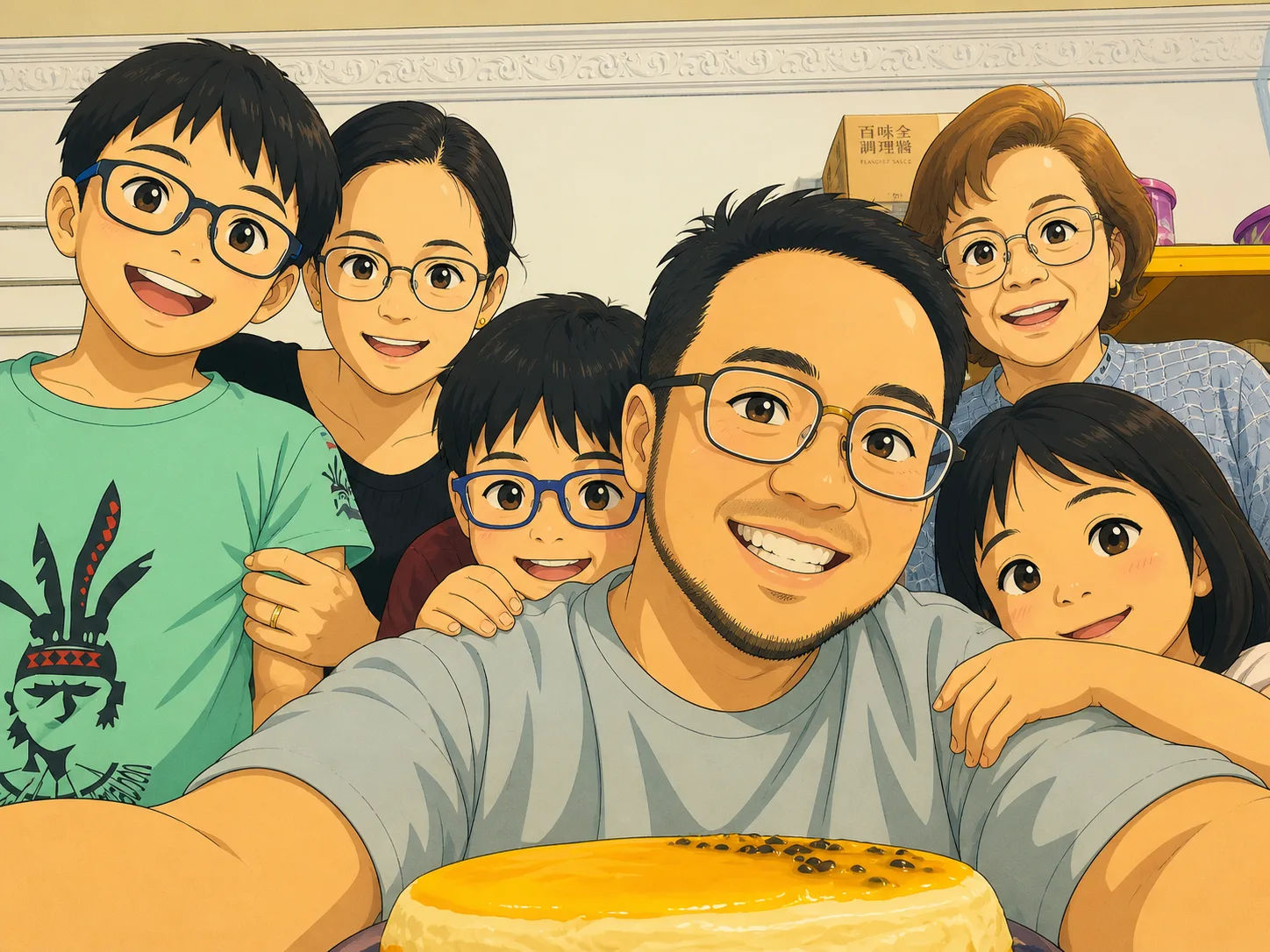 Family illustration with passion fruit cheesecake