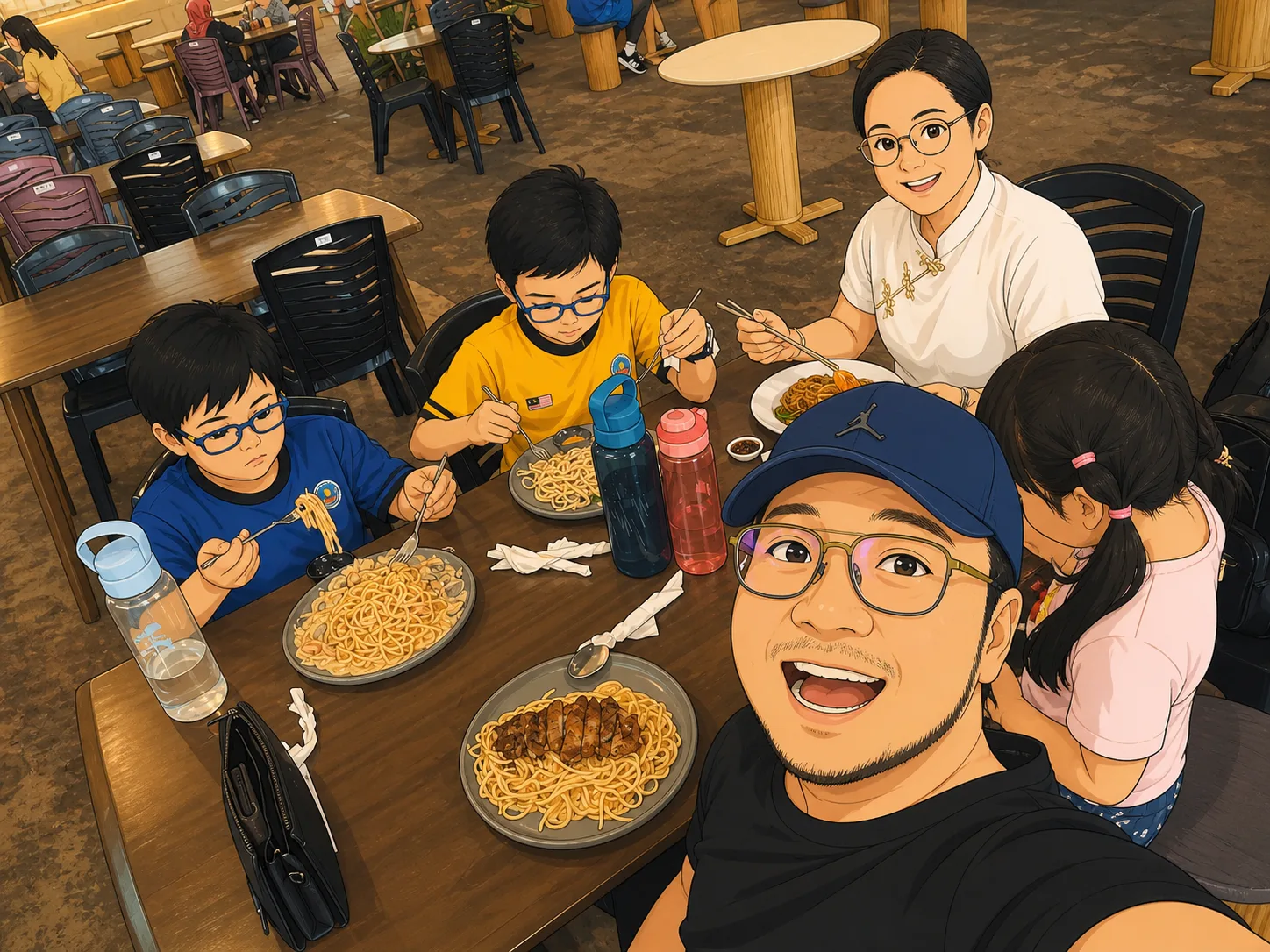 Food court family illustration