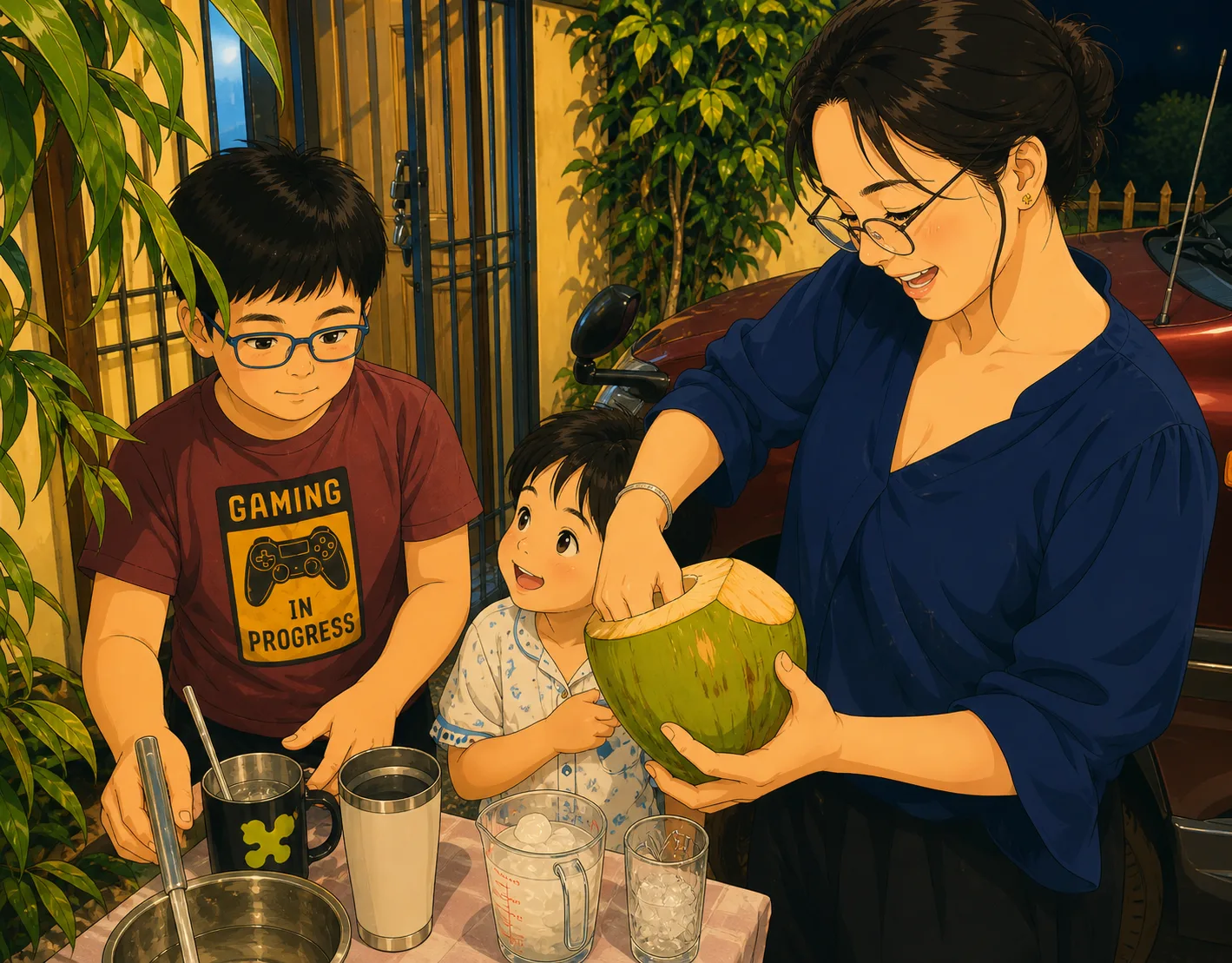 Wife pouring coconut water for the kids