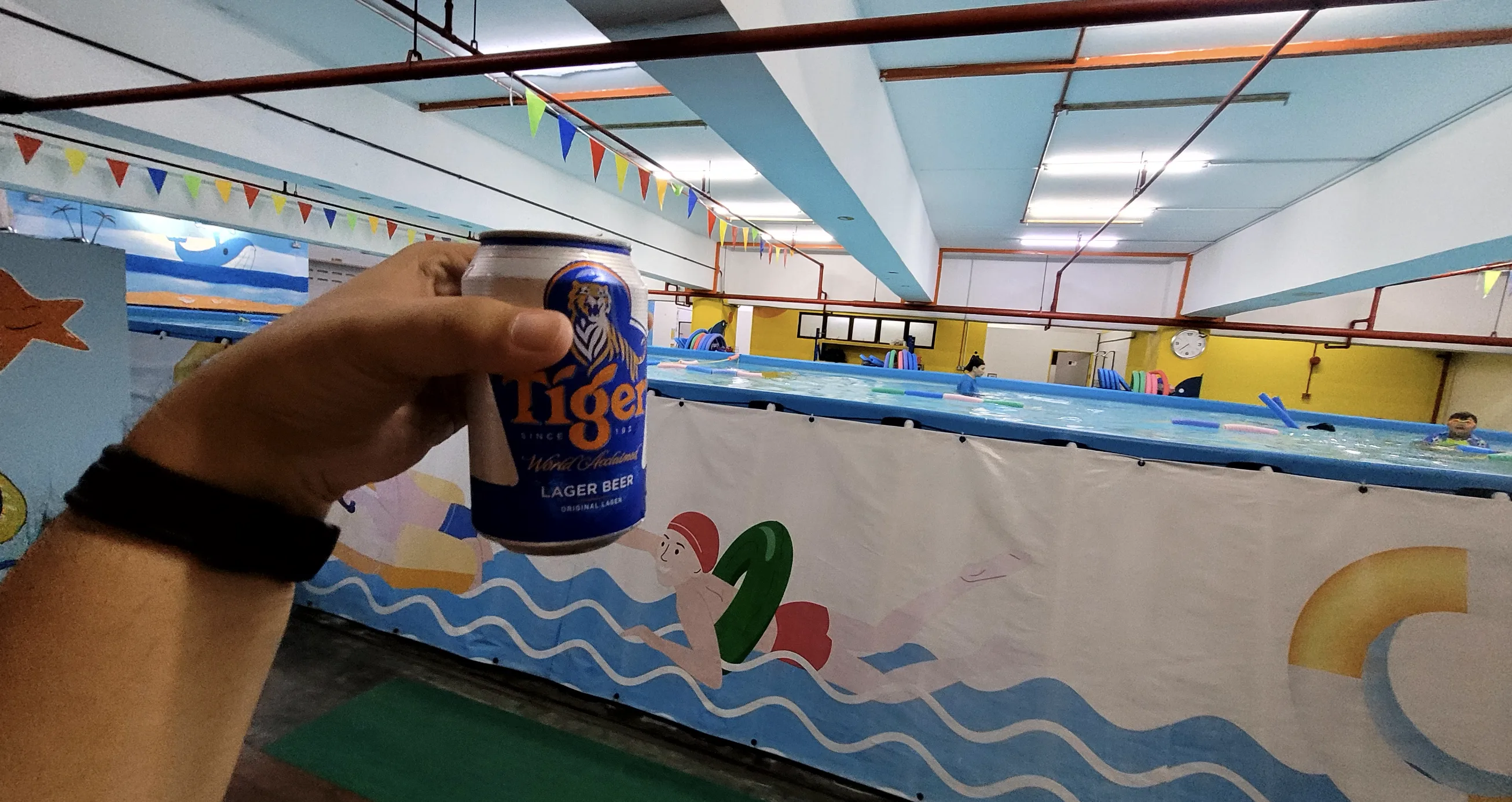 Tiger beer can poolside under palm trees