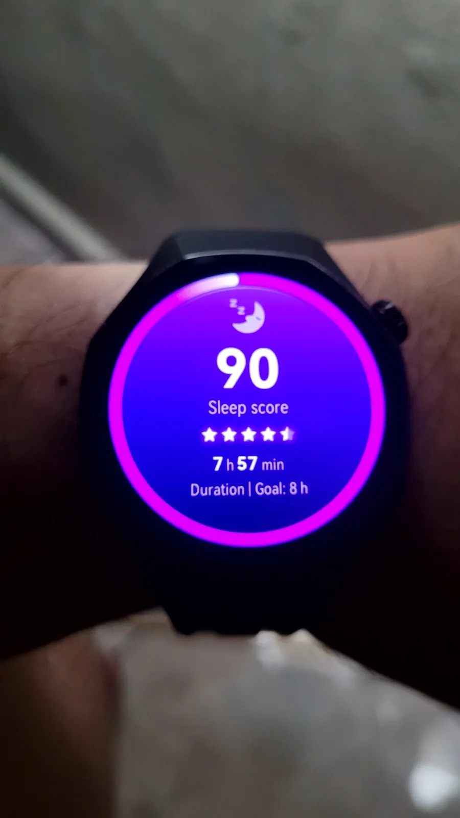 Watch showing sleep score 90, 7 hours 57 minutes