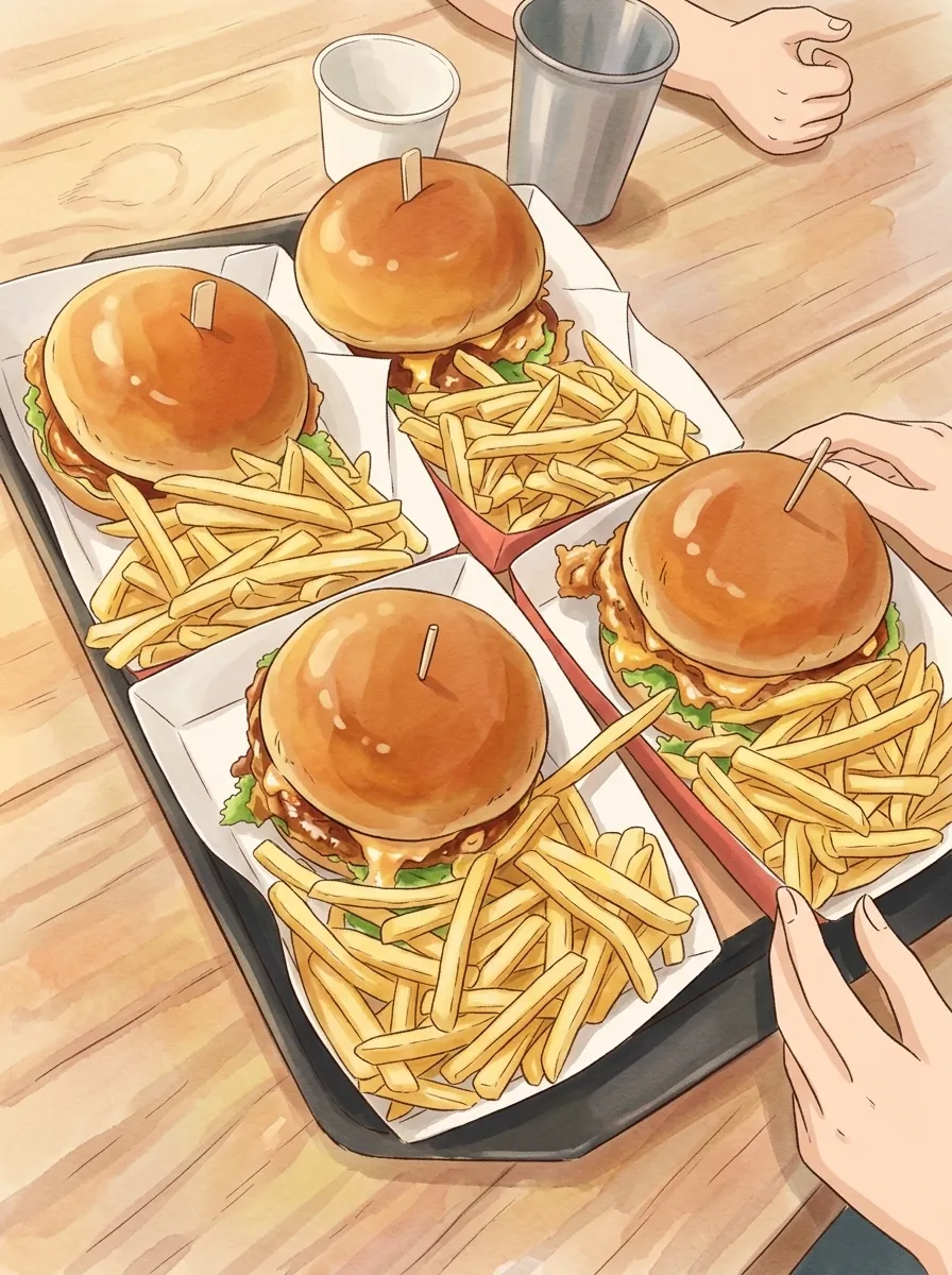 Burgers with the kids, drawn in a hand-painted style