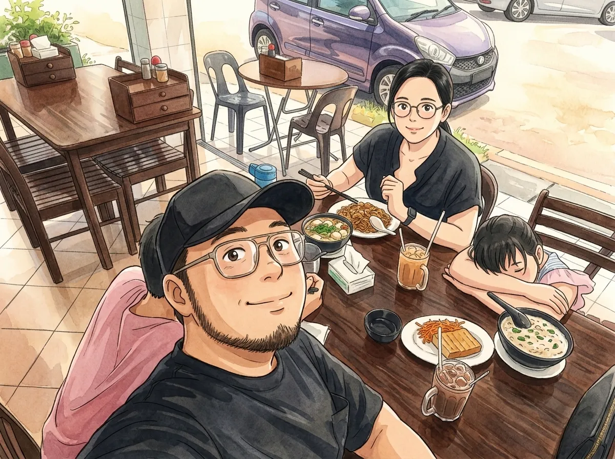 Family lunch, drawn in a hand-painted style