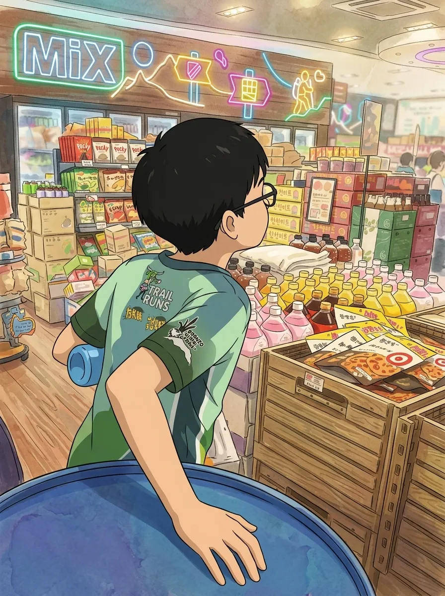 My son at the market, drawn in a hand-painted style