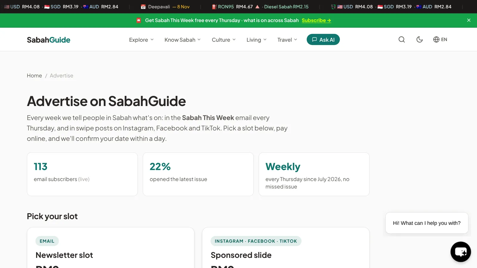 SabahGuide's advertise page with live reader numbers