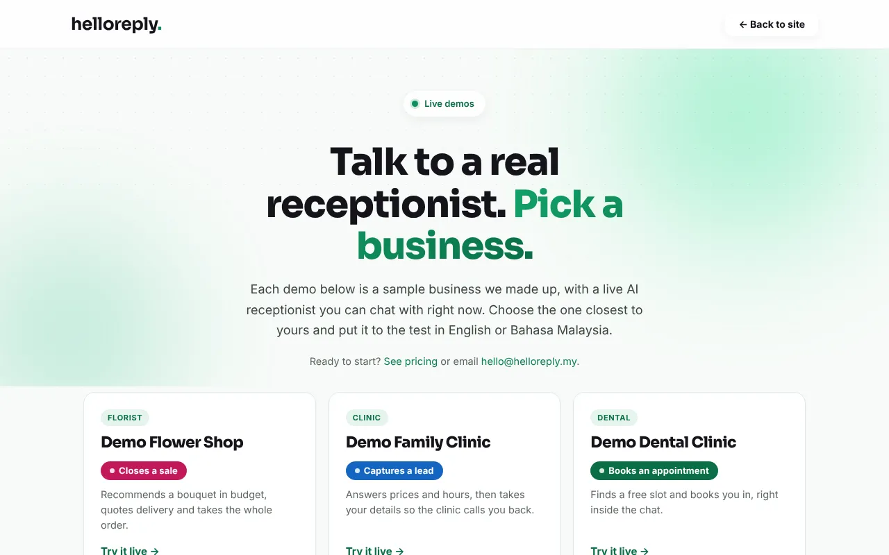 HelloReply demo page with three sample businesses