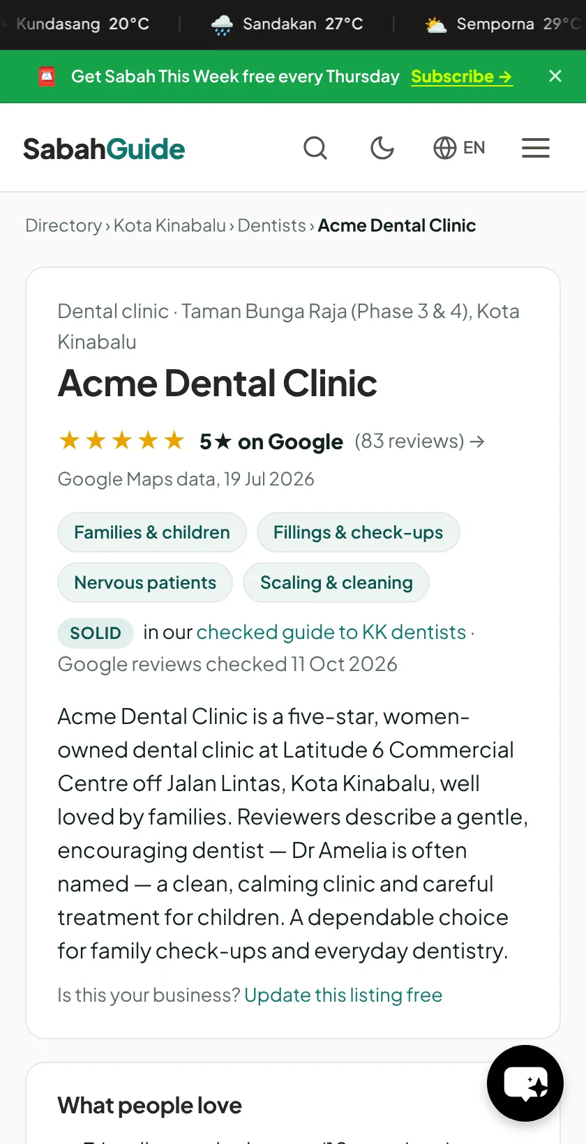 A SabahGuide business listing with the Update this listing button