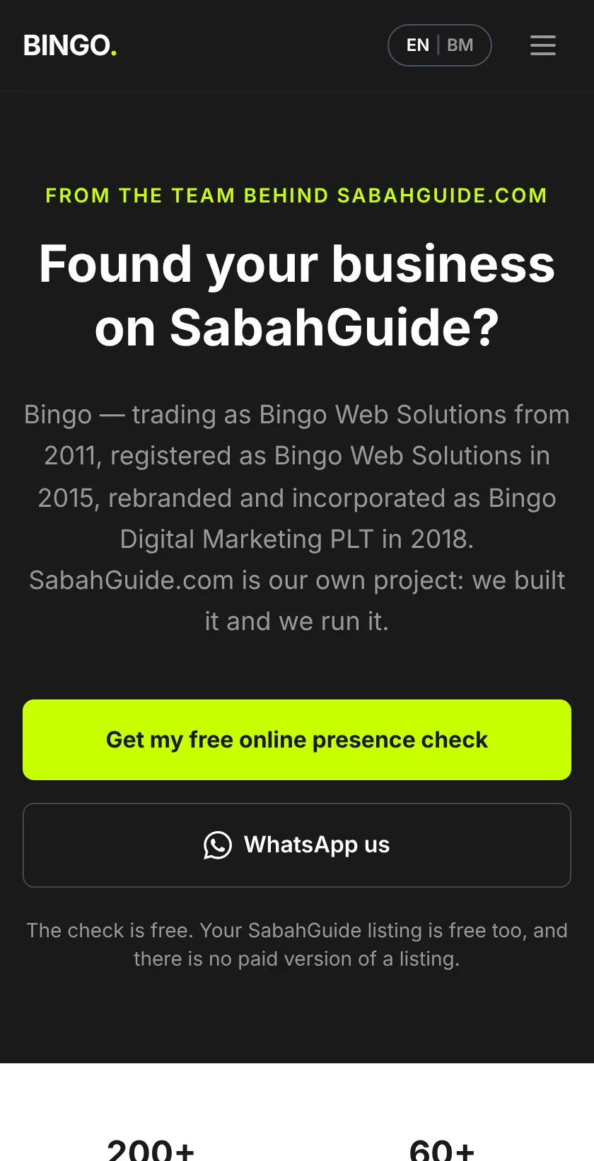 Bingo's free online presence check page