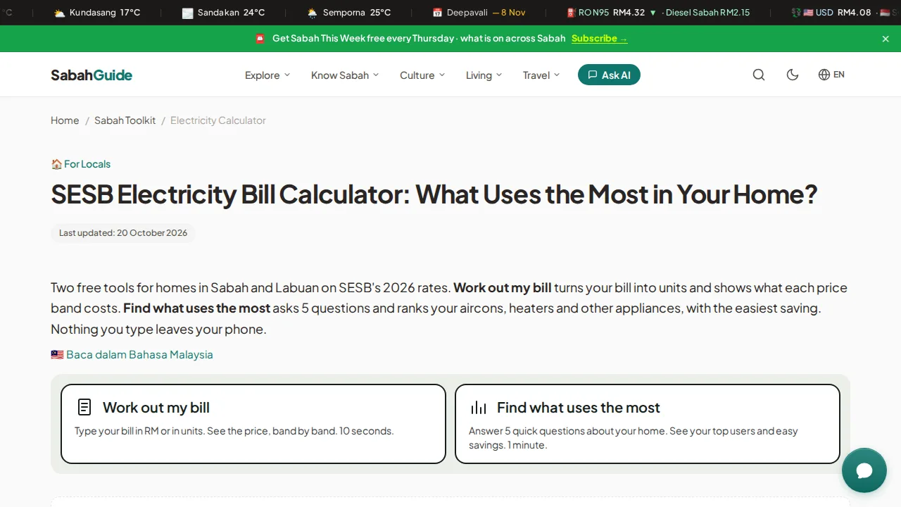 The SabahGuide electricity bill calculator page open in a browser